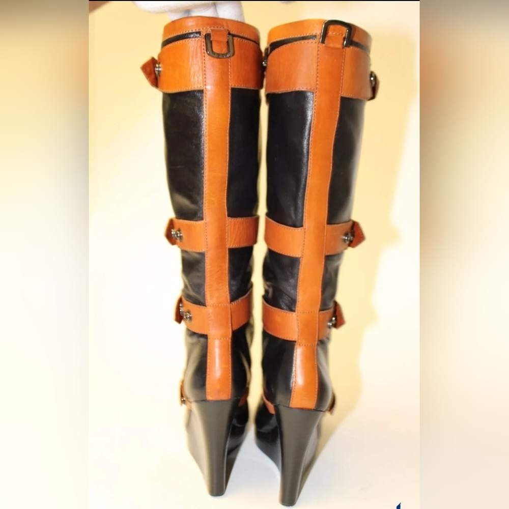 L.A.M.B. Baby  7.5 39 Leather Wedge Strap Knee High Boots - Picture 10 of 15